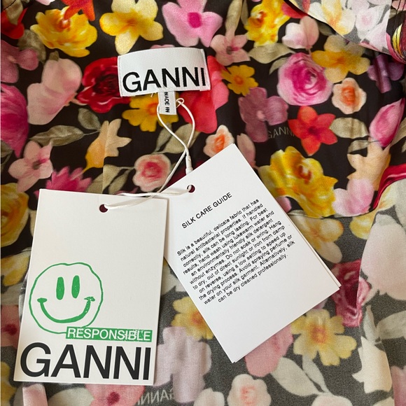 Ruched Floral-print Silk-blend Satin Mini Shirt Dress from GANNI - Picture 7 of 9